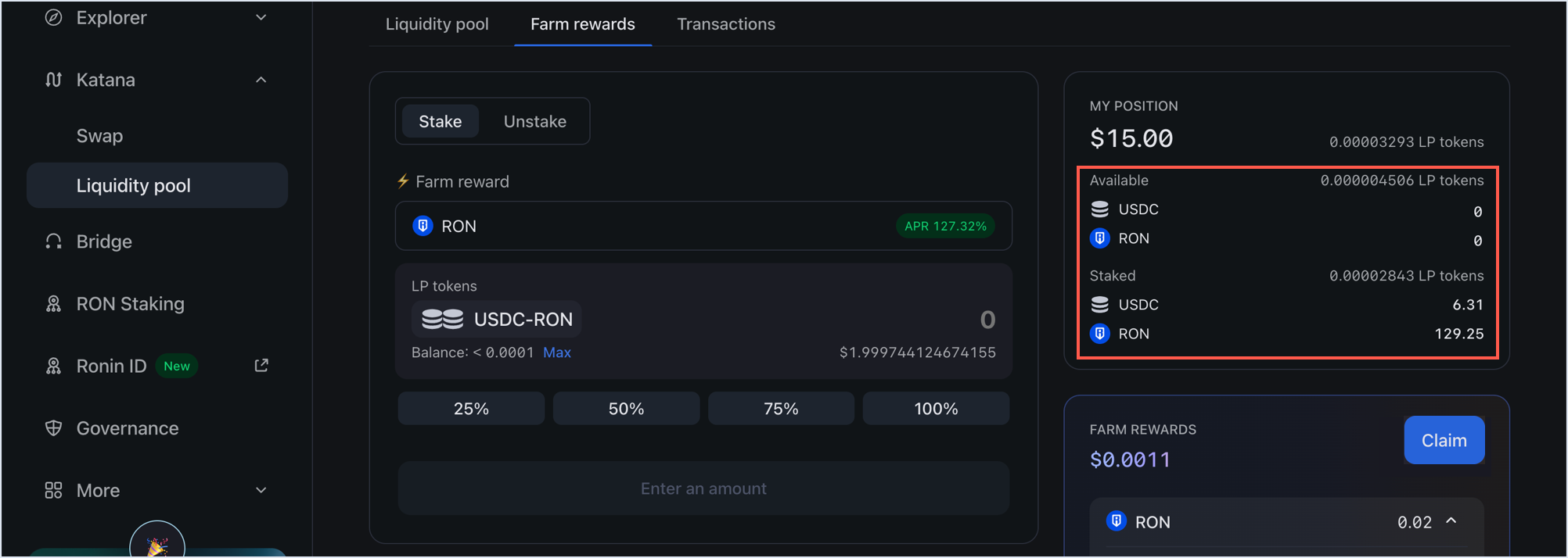 Position after staking